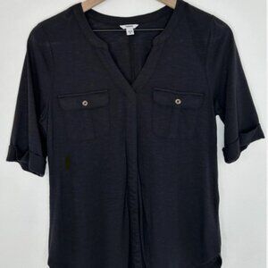 Sonoma Henley Shirt Black Short Sleeve Tee V Neck Stretch Knit Top M